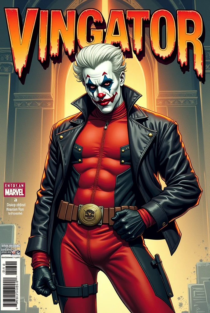 Old style marvel comic book cover ,with a character with clothes deadpool jumpsuit joker jacket face with clown makeup white hair, with title of "vingator"