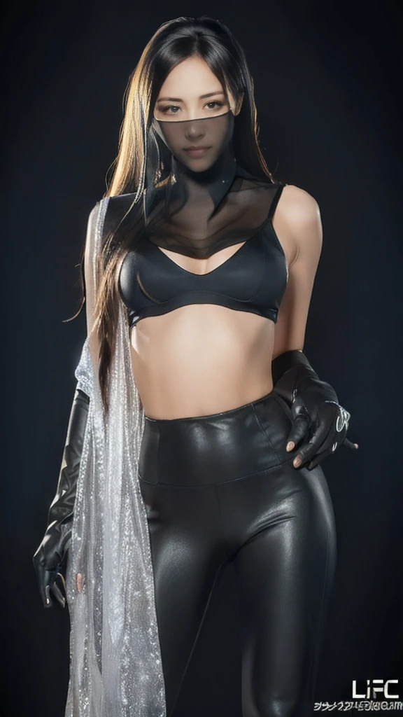 （lifelike， high - resolution：1.3），full body , 1 girl with a perfect body， Super fine face and eyes，slong hair， diamond midriff of black colors：1.2， black shiny leggings，face veil,   big boob，Expose cleavage, ninja pose, satin gloves.