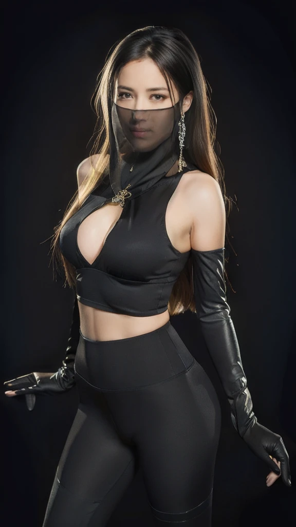 (lifelike, high - resolution:1.3),full body , 1 girl with a perfect body, Super fine face and eyes,slong hair, diamond midriff of black colors:1.2, black shiny leggings,face veil, big boob,Expose cleavage, ninja pose, satin gloves.