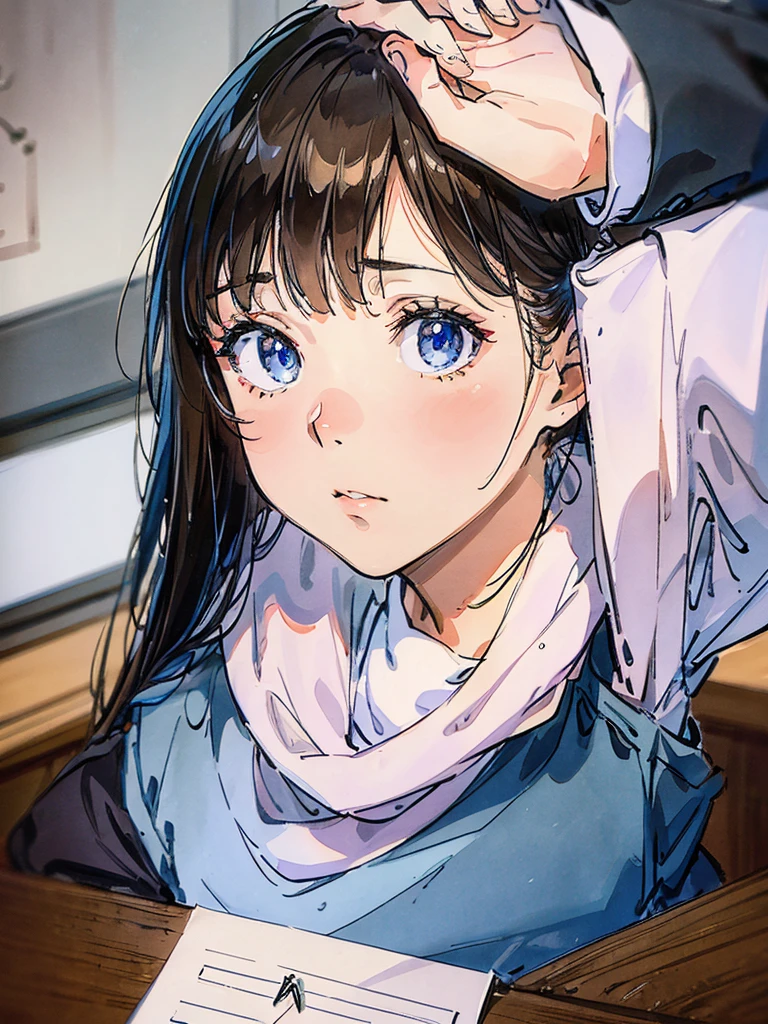 studying at the desk、Focused face、、Write a note、School、classroom、close up of face