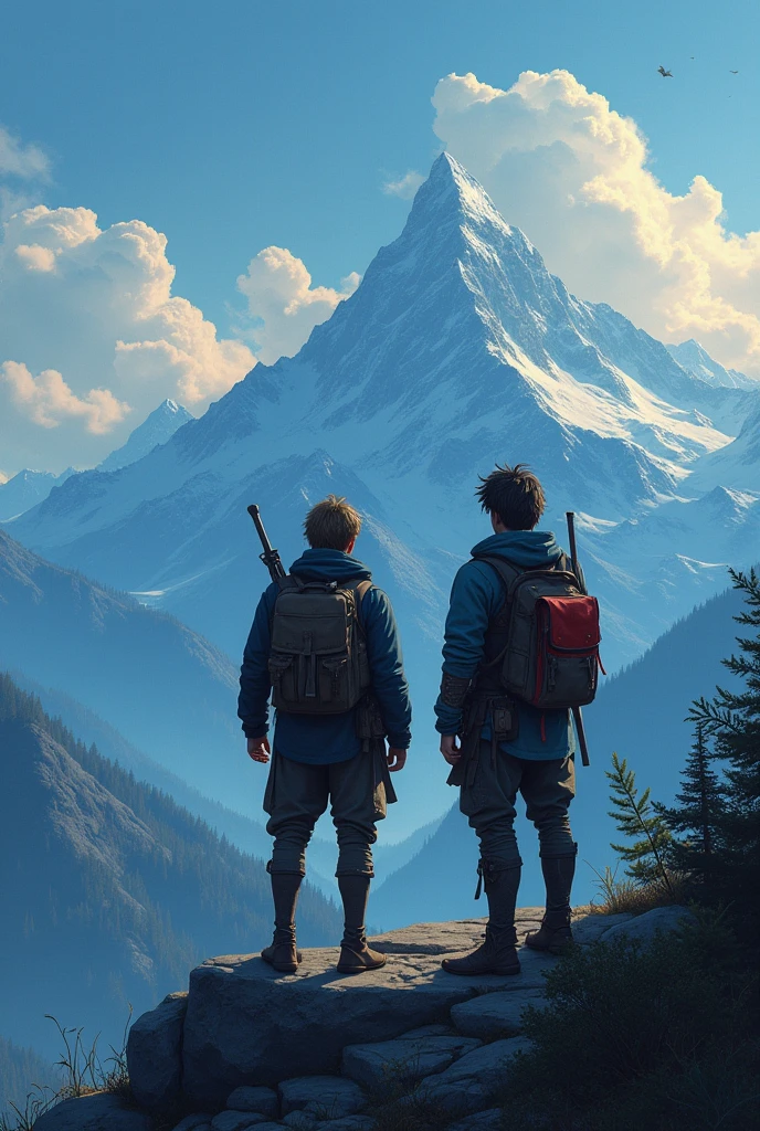 Two male best friend standing on mountain and seeing there village one of theme have red eye and other with blue eyes