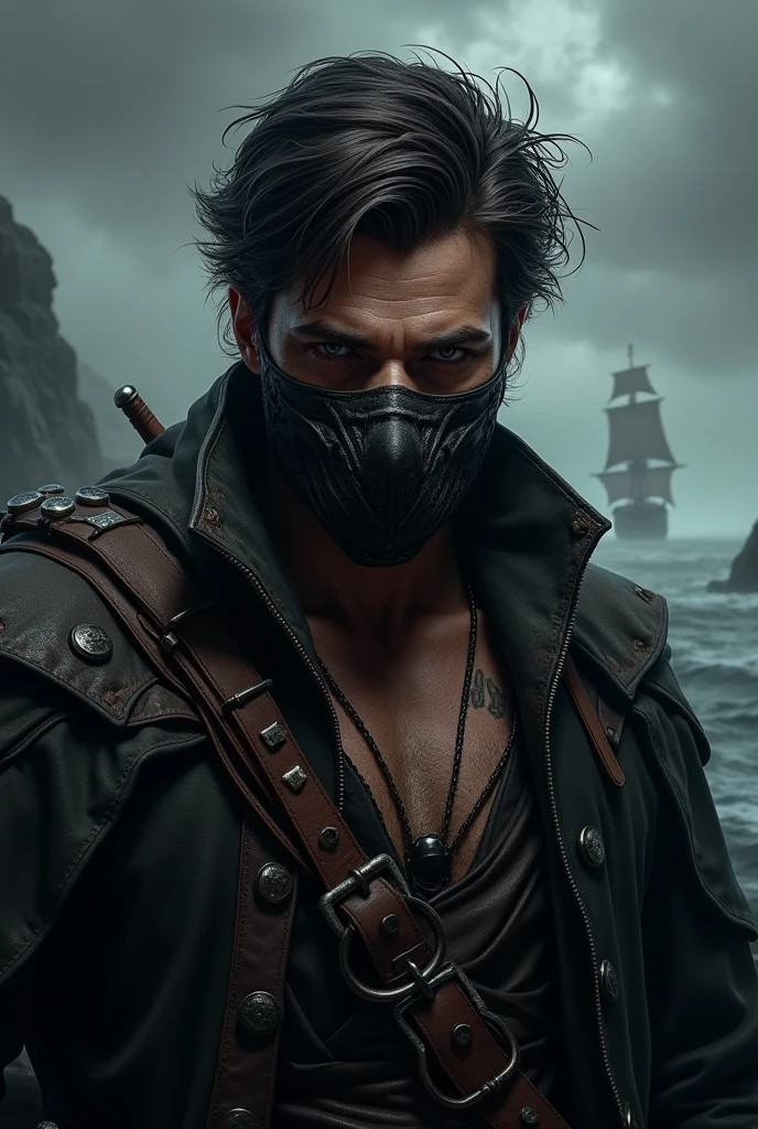 Create a dark themed 2d pirate with mask and short hair