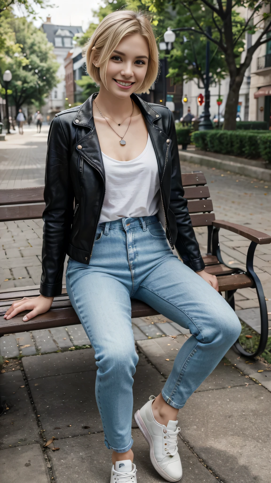 High resolution, 8k wallpaper, Beautiful Caucasian Woman、Full body photo、,Leather jacket sitting on a park bench、shirt、Skinny jeans、sneakers、、Necklace around the neck、 blonde 、short hair、ear piercing、smile、Beautiful teeth alignment、