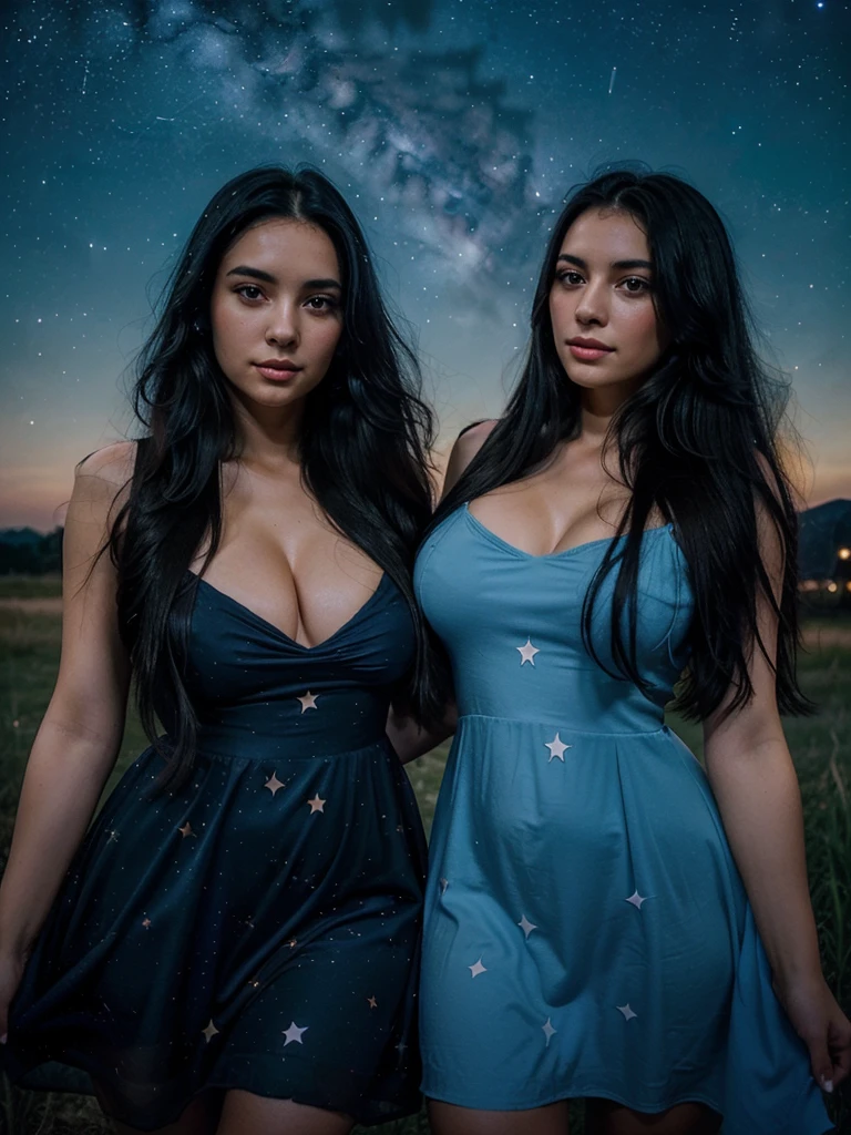 2 beautiful young woman with long black hair, a second woman with long black hair, wonderful women, starry night sky, glowing stars in the sky, glowing luminous lighting, (well-shaped breasts), (wearing a blue dress:1.2), vibrant colors, dramatic lighting
