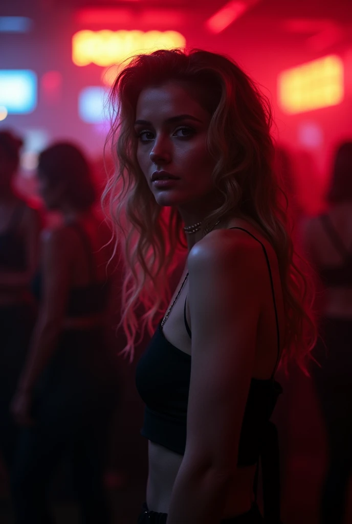 (is) , Diane Foxington stands alone in a nightclub., surrounded by blurred out figuris. อารมณ์isเรื่องจริงจัง, with a touch of loneliniss conveyed through her exprission. Her eyis are fixed on the viewer, Pull them into the scene.