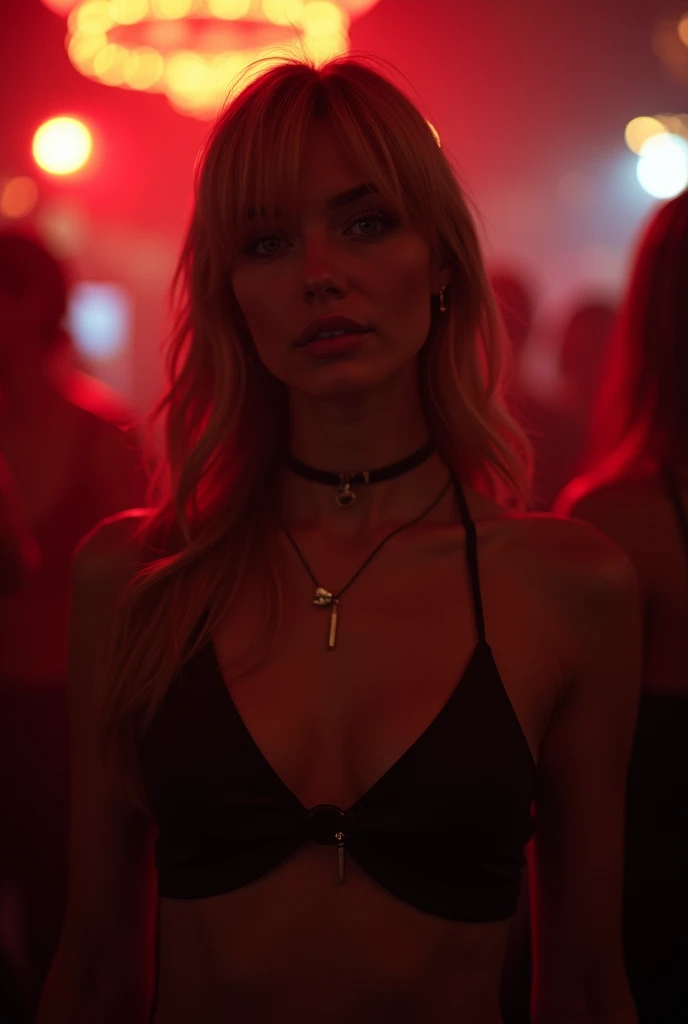 (is) , Diane Foxington stands alone in a nightclub., surrounded by blurred out figuris. อารมณ์isเรื่องจริงจัง, with a touch of loneliniss conveyed through her exprission. Her eyis are fixed on the viewer, Pull them into the scene.