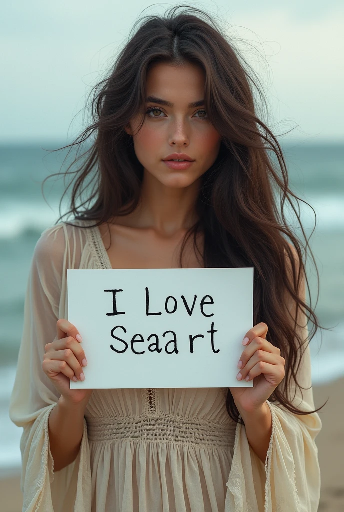 Beautiful girl with wavy long hair, bohemian dress, holding a white board with text "I Love Seaart Infinity" and showing it to the viewer