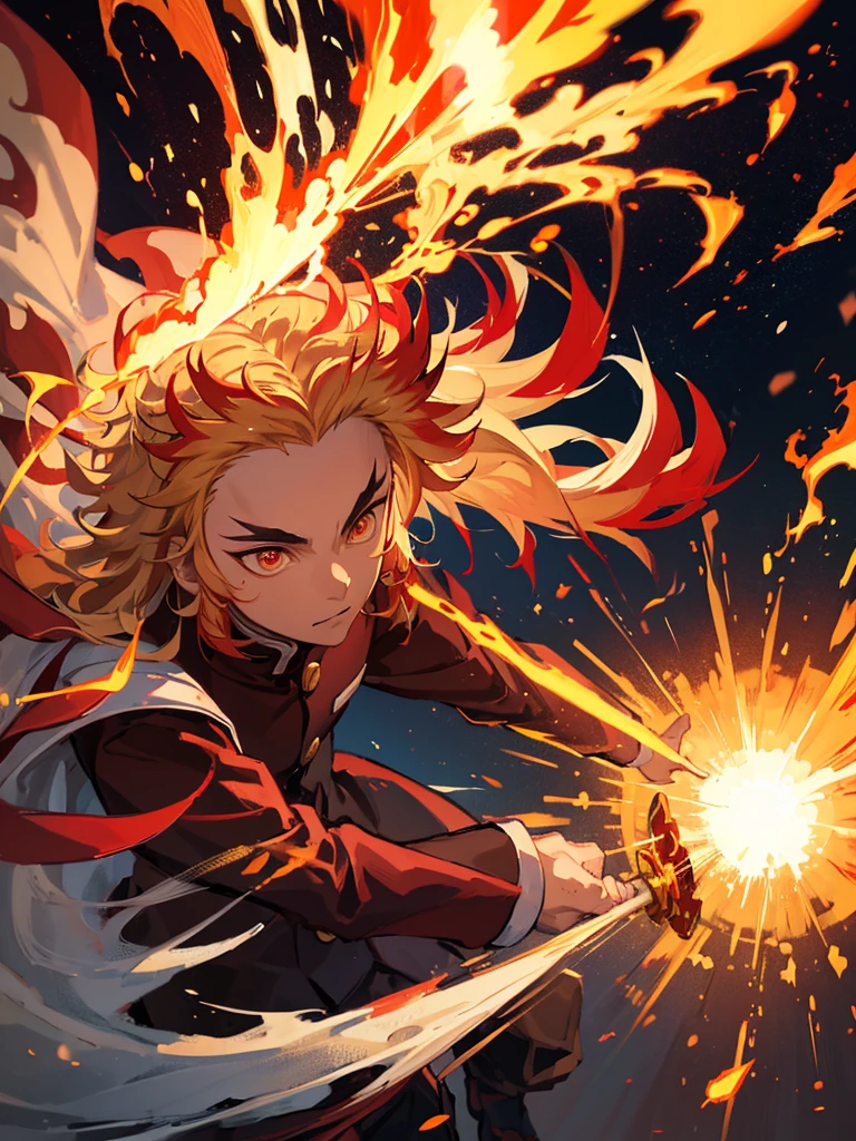 rengoku kyoujurou, 1 man, holding a fire-wrapped sword, looking up,  Zooming out a bit, war expression, ((reaching up)), beautiful lighting, rim lighting, depth of field, burning train in background, red warm tones 