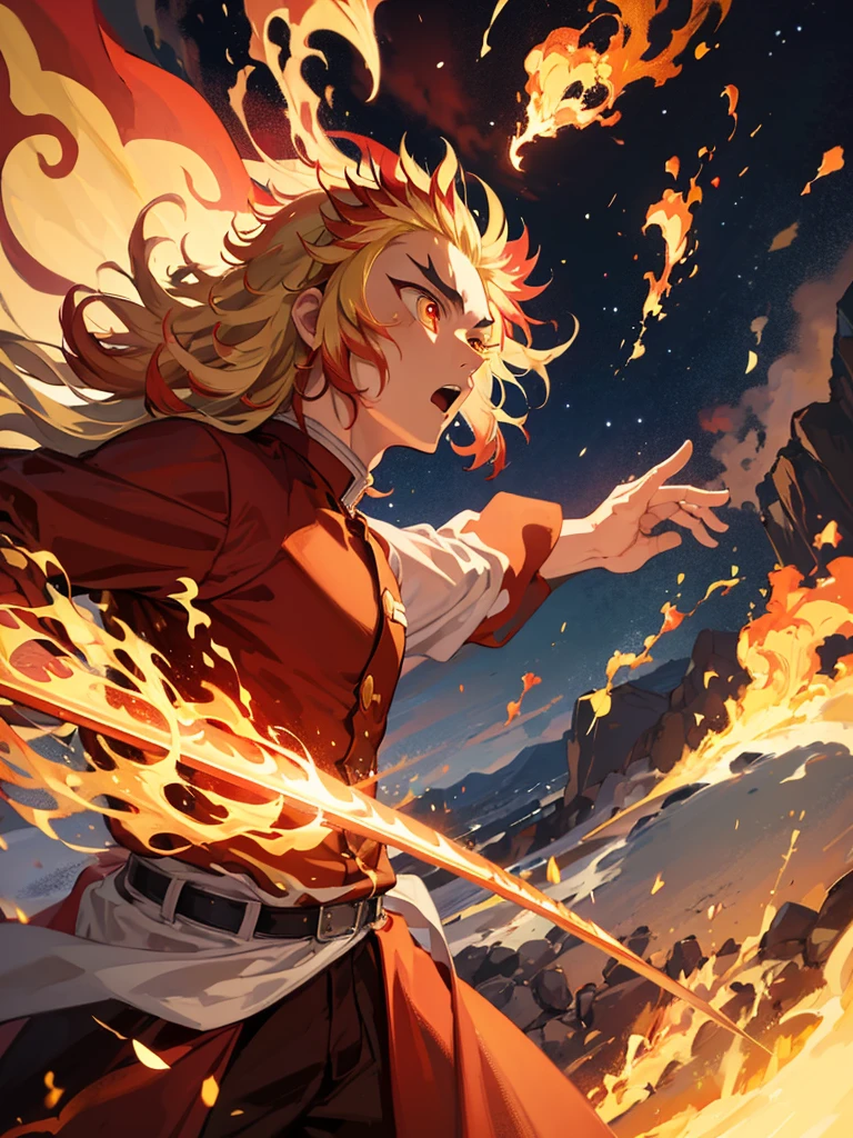 rengoku kyoujurou, 1 man, holding a fire-wrapped sword, looking up, Zooming out a bit, war expression, ((reaching up)), beautiful lighting, rim lighting, depth of field, burning train in background, red warm tones