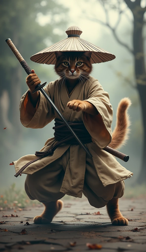 Create an image of a cat standing upright in traditional East Asian attire, wearing a wide bamboo hat on the head, holding a sword, with a forward somersaulting position, set against a misty backdrop to convey an atmosphere of ancient martial arts mastery.