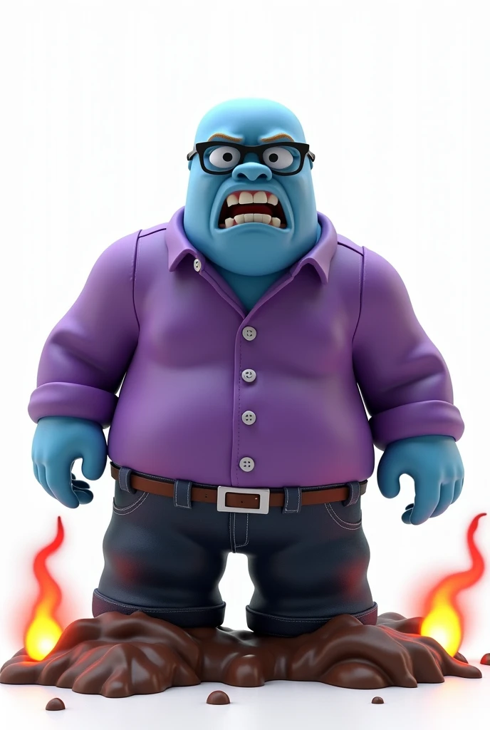 A blue skin tone guy, very fat, purple shirt with long sleeves, wears glasses, black jeans he is bald, he farted, white background only, Roblox style, stupid, crazy face, looking infront of camera, shit at the back, angry, fire, laser, disgusted by the bad soup, yellinh at someone who makes that soup