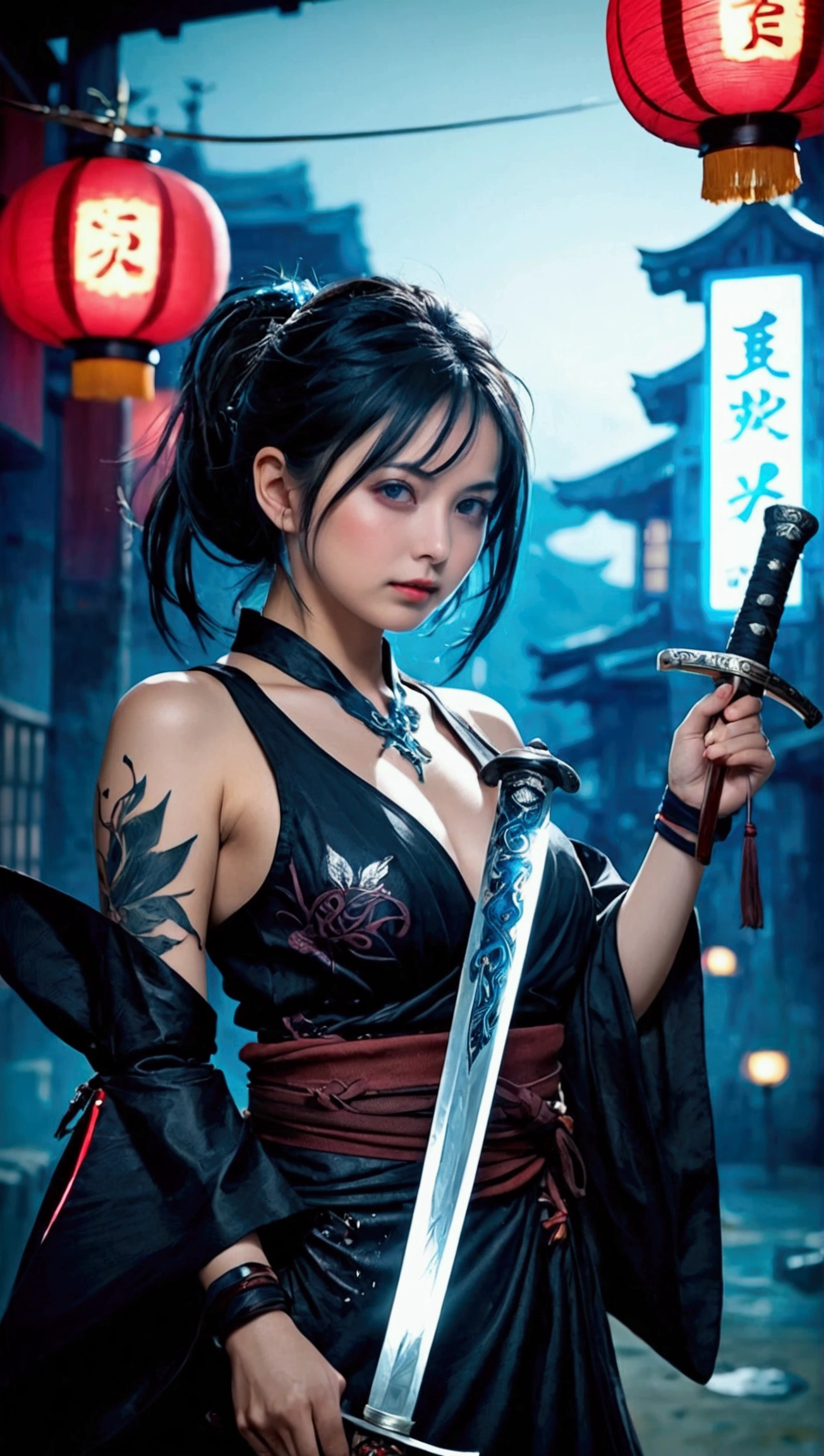 (Japanese sword &reference;Muramasa 2&reference;.2)Beautiful 27 year old woman、Japanese women、Tie your hair back、Hair ornament artist、Shinobi Costume、Warrior、Clear Eyes、{Arm tattoo(SakuraFubuki}&#39;Tattoo on the back、Warrior、(Japanese swordを両手で構える、1.3)(Japanese sword1.2)Intermediate position、(Hold the sword sideways)、whole body、A long-edged sword、Realistic battle scenes、敵Warriorの返りBlood、Blood、High resolution、Highest quality、Very detailed、8k、background、The castle is burning、Sparks fly、