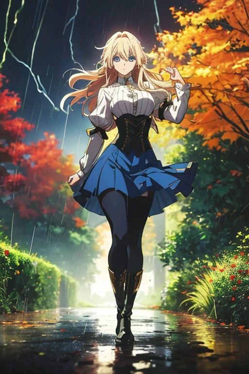 Modern anime-style digital painting of a 25-year-old female teacher in a frontal view and action pose during an autumn day, soaked by rain with dramatic lightning in the background. She is 165 cm tall, with measurements of 91-61-81 cm, and has waist-length, wavy blond hair with V bangs and bright blue eyes. Emitting a golden aura, she stands dynamically with one leg raised on a fallen log. She wears a ruffled white blouse, a black corset, skinny tight blue jeans, and high black boots, all drenched by the rain. The scene is set against rich autumn foliage and vivid lightning, enhancing the intense and mystical atmosphere.