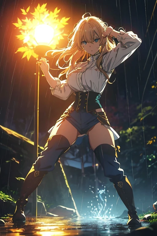 Modern anime-style digital painting of a 25-year-old female teacher in a frontal view and action pose during an autumn day, soaked by rain with dramatic lightning in the background. She is 165 cm tall, with measurements of 91-61-81 cm, and has waist-length, wavy blond hair with V bangs and bright blue eyes. Emitting a golden aura, she stands dynamically with one leg raised on a fallen log. She wears a ruffled white blouse, a black corset, skinny tight blue jeans, and high black boots, all drenched by the rain. The scene is set against rich autumn foliage and vivid lightning, enhancing the intense and mystical atmosphere.