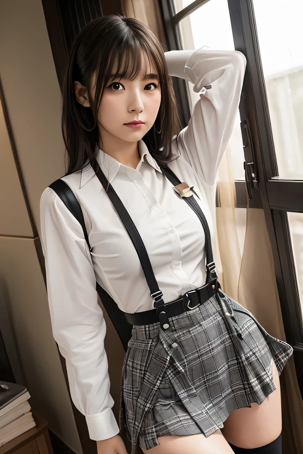 1 female, , high quality, masterpiece, Ultra-high resolution, Cinema Lighting, 1 female, , high quality, masterpiece, Ultra-high resolution, , Cinema Lighting, suspenders　　　Moderate breasts　 　 　　　　　 　　　　Small face　 　　　　　　　　　　　Looking up　　　　Sweat 　　　Thin belt　buzzer　脇Sweat 　　　　 　garter belt　　Belt on pants　　holster　 　　Hands behind your back　 　Looking up　Anxious face　Knee-high　Knee socks　Knee-highソックス 　garter　ふとももにgarter belt　Checkered mini skirt　 　　Panty shot　Skirt gap Armament　　　holster　holster 　　Hands behind your back　 Anxious expression　　Anxious face, legs apart　Armament　　Leg Holster　holster　See-through clothing　heavy rain　Rain-soaked dress shirt,Moderate breasts　ガーターbelt　suspenders　Garter on the thigh　Checkered mini skirt　Looking up　Pause　belt　Armpit sweat　Hands behind back　Raise your hands