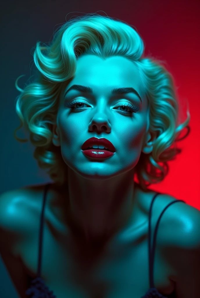 Portrait of Marilyn Monroe with blue-green lights illuminating most of it and red lights coming from below in a studio with an empty background