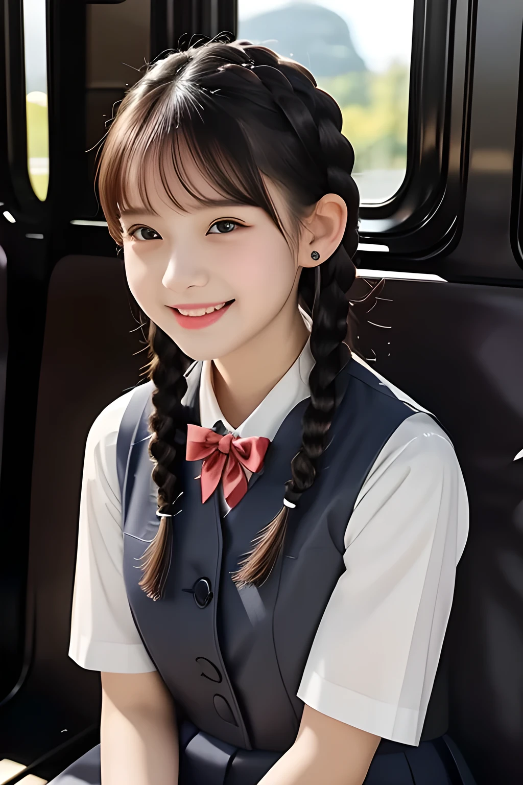 (highest quality, masterpiece, high resolution:1.2), 4K, (Photo quality detailed face: 1.2), (Giorgione painting style: 0.8), geometry, ( yo cute girly Japanese girl is seated in a train: 1.0), Laughing cutely, (neat girly white short-sleeves school blouse: 1.0), (puffed short sleeves: 1.0), (Dark red glossy school ribbon on the breast: 1.0), (Gray Japanese school girly vest Uniform: 1.2), (Extremely laughing cheeks: 1.0), (Beautiful light-amber cute-dolly large clear eyes with detailed cutely: 1.4), (Long bottom eyelashes: 1.2), (Expressing the greatest joy with her whole body: 1.2), (Glossy lips: 1.0), (braids under her ears: 1.3), (cute earrings), (kidnapping me into the heaven as a goddess: 1.6), (white and clear skin: 1.0), (Laughing 14 cute princess's eyes: 0.6), (Placing her beautiful white hands together like praying: 0.9), (Full-body shot in heaven: 1.2)