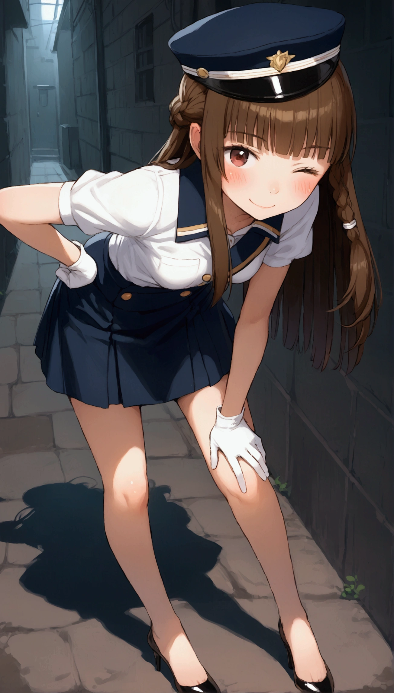 {Highest quality}, {Super beautiful},{Ultra fine},{Best illustration},Brown Hair,Hime cut,long hair,Braid,One woman,Standing Woman,Strike a pose,smile,smilingly,Smile,Wink,Uniform cap,White Shirt,Short sleeve,Long black skirt,White gloves,In the back alley,Blushing,Slender,Black stiletto heels,barefoot,From an angle,Leaning forward,Put one hand on your hip