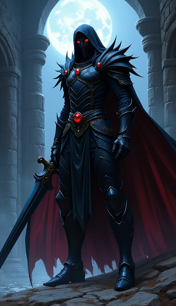 Yoshitaka Amano's full-body illustration of Valis, the cursed swordsman. Wearing dark, gothic armor with glowing red eyes, Valis exudes a menacing aura. His black sword, encrusted with a blood-red gem, is raised and ready for battle. A dark cape flows behind him, adding to his imposing figure. The background depicts an ancient, crumbling castle bathed in moonlight. Photographed with an EOS 5D digital SLR camera.