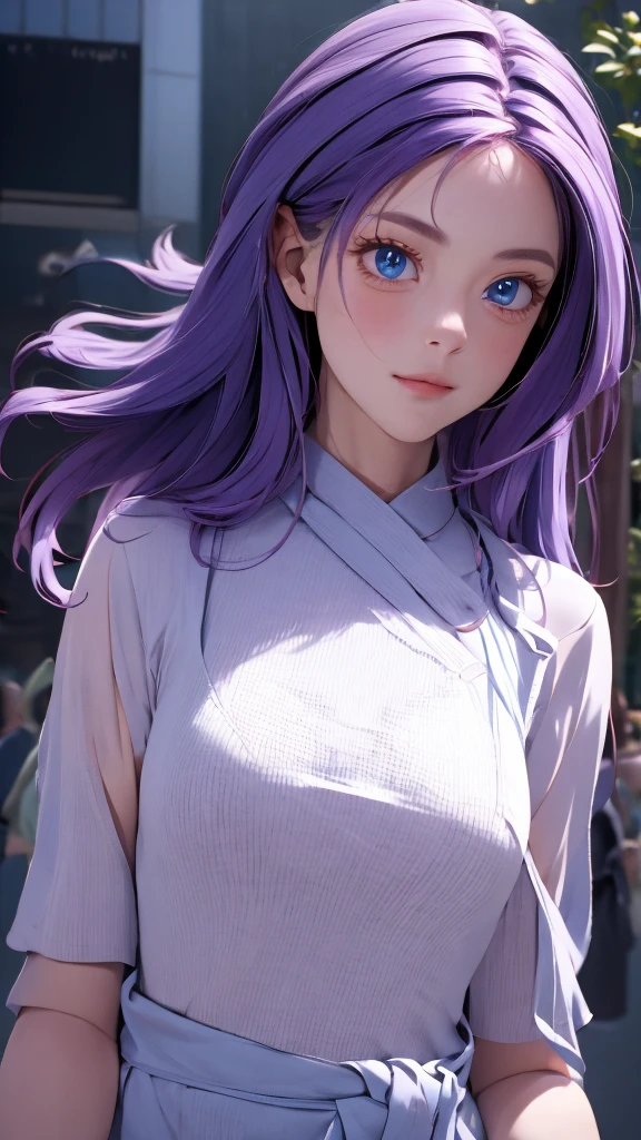 1 girl, medium light purple hair, light blue eyes, wearing black suit, city, absurdres, high res, ultrasharp, 8K, masterpiece, looking from behind