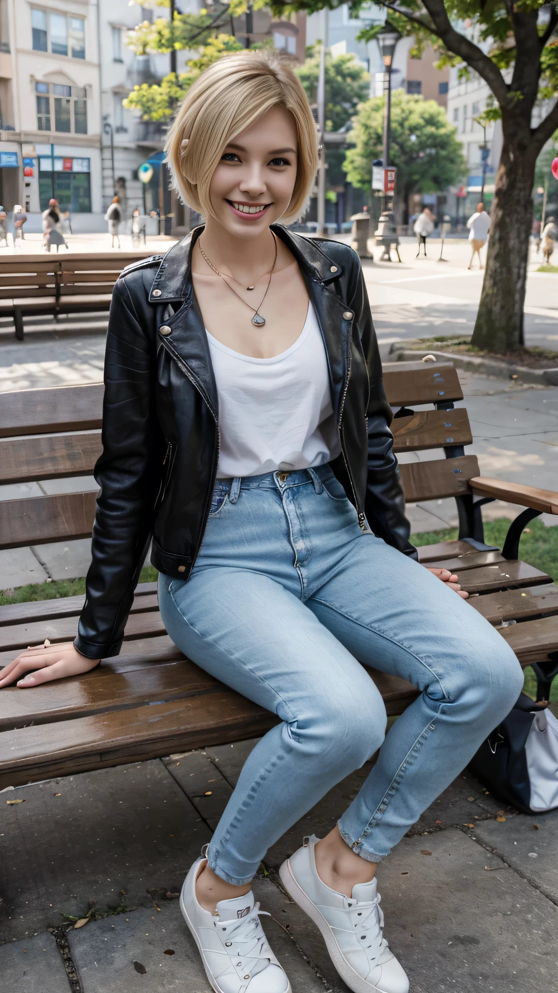 High resolution, 8k wallpaper, Beautiful Caucasian Woman、Full body photo、,Leather jacket sitting on a park bench、shirt、Skinny jeans、sneakers、、Necklace around the neck、 blonde 、short hair、ear piercing、smile、Beautiful teeth alignment、