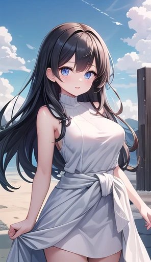 girl, 18-year-old,Long hair that reaches down to the waist, Black Hair, blue eyes, Large Breasts、, Blue sky and white clouds,White Dress,return,shy,Outdoor, Highest quality, High resolution, Very detailed, Detailed Background, Perfect lighting