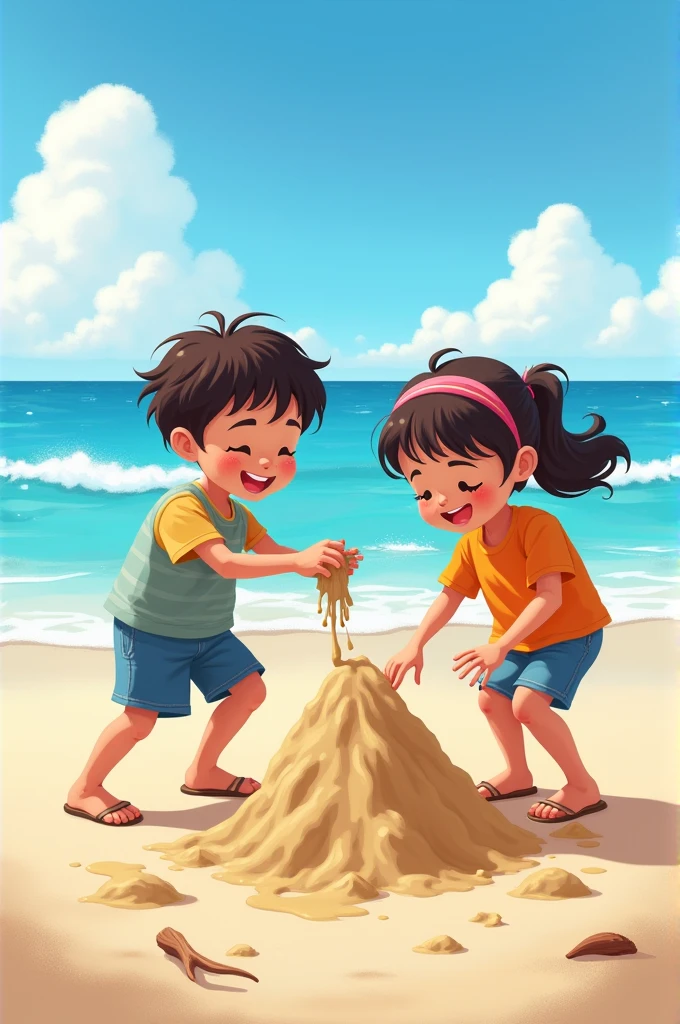 2 kids playing with sand near the sea 
