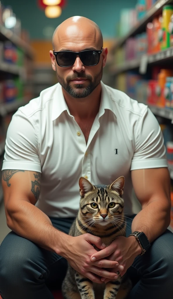4k ((best quality)), ((masterpiece)), (detailed), hd, realistic face muscular bald male soldier full body wear white shirt sunglass sit at wallmart cat in his shouder