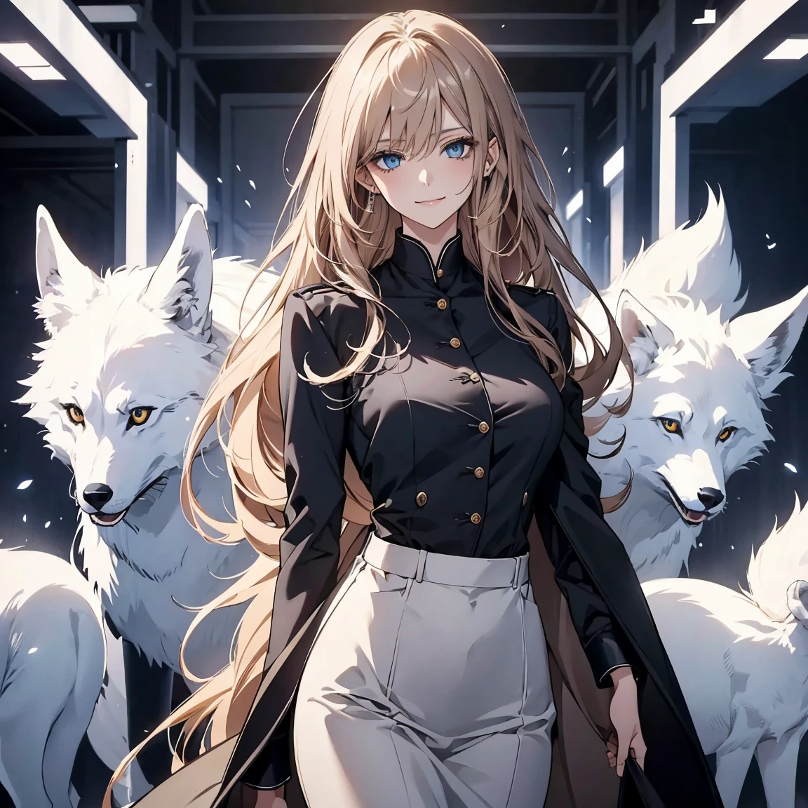 (Highest quality,High resolution,Very detailed),1 girl, Beautiful and elegant light blue eyes, Brown Hair, Cold Smile,Straight long hair tied back, Wearing a black suit, Mature Woman, Age 27,Cruel smile, Calm and Calm, Slim figure, Pale complexion, thin, Calm, secretary,Big White Foxを連れている,Big White Fox,Small breasts
