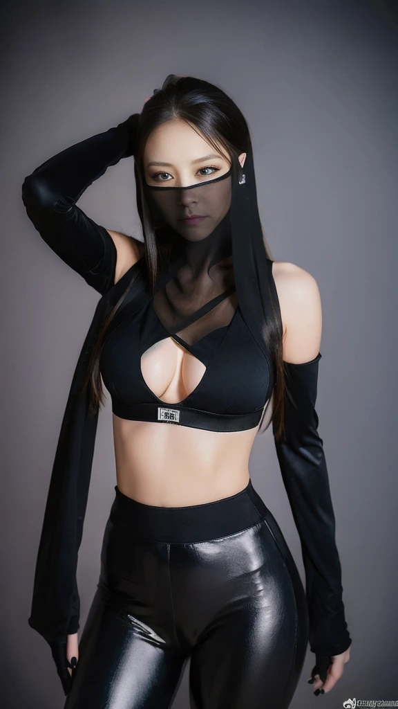 （lifelike， high - resolution：1.3），full body , 1 girl with a perfect body， Super fine face and eyes，slong hair， diamond midriff of black colors：1.2， black shiny leggings，face veil,   big boob，Expose cleavage, ninja pose, satin gloves.