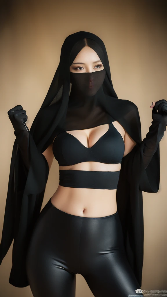 (lifelike, high - resolution:1.3),full body , 1 girl with a perfect body, Super fine face and eyes,slong hair, diamond midriff of black colors:1.2, black shiny leggings,face veil, big boob,Expose cleavage, ninja pose, satin gloves.