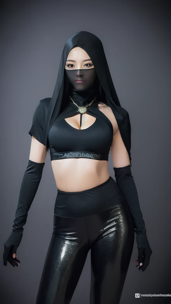 （lifelike， high - resolution：1.3），full body , 1 hailee with a perfect body， Super fine face and eyes，slong hair， midriff of black colors：1.2， black shiny leggings，face veil,   big boob，Expose cleavage, ninja pose.