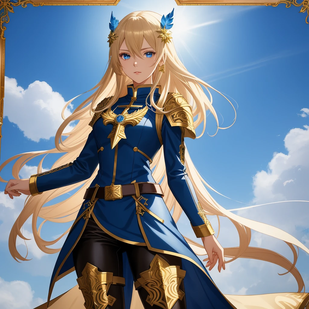 A full-body portrait of a young woman in anime style, with long, light blonde hair, framed by a white mantle adorned with golden details. She has intense blue eyes and wears a form-fitting blue armor with intricate engravings of leaves and flowers, and golden metal pieces covering her shoulders and arms. A dark brown leather belt with metallic buckles secures her armor at the waist. She wears brown leather boots, standing in a dynamic action pose. A cross-shaped pendant adorns her chest. The background features a blue sky with fluffy clouds, highlighting her majestic and noble appearance, visible from head to toe, wear tight pants