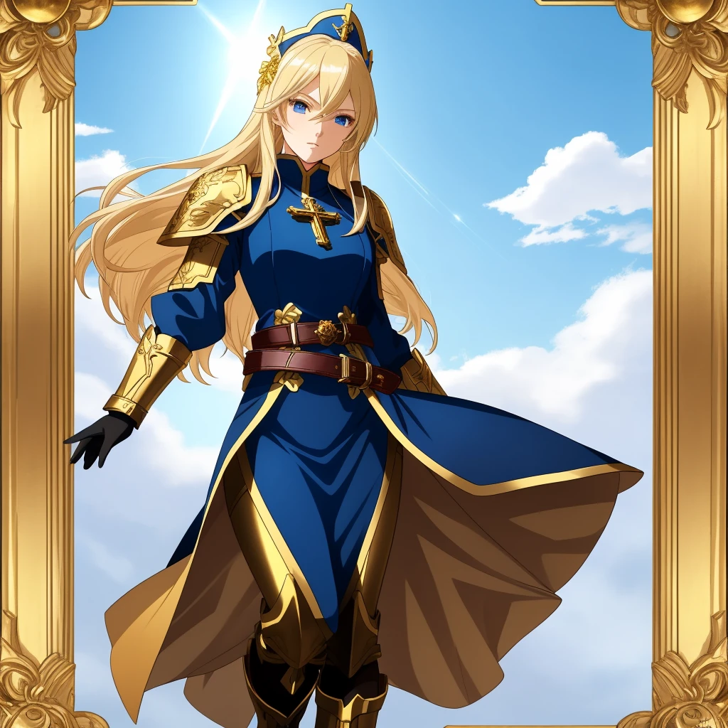 A full-body portrait of a young woman in anime style, with long, light blonde hair, framed by a white mantle adorned with golden details. She has intense blue eyes and wears a form-fitting blue armor with intricate engravings of leaves and flowers, and golden metal pieces covering her shoulders and arms. A dark brown leather belt with metallic buckles secures her armor at the waist. She wears brown leather boots, standing in a dynamic action pose. A cross-shaped pendant adorns her chest. The background features a blue sky with fluffy clouds, highlighting her majestic and noble appearance, visible from head to toe, wear tight pants
