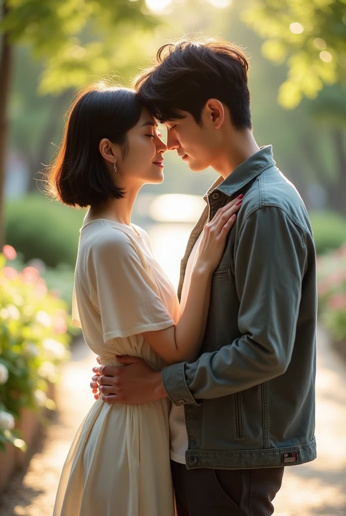 To capture the spirit of the image you've shared but set in Yamashita Park, I'll focus on these key elements:
Natural and Intimate Poses: The couple will be standing close, with a similar gentle connection and warm expressions, as they share a quiet, intimate moment together. Full body
Casual yet Elegant Fashion: The couple will wear stylish, modern attire with a relaxed feel—perhaps the woman in a light, flowy dress and the man in a casual jacket and trousers, reflecting both comfort and sophistication.
Soft, Golden Lighting: The scene will feature warm, golden hour lighting, soft sunlight, casting a romantic glow over the couple and the surroundings.
Yamashita Park Setting: The background will include iconic features of Yamashita Park, such as the waterfront with views of Yokohama Bay, lush greenery, blooming flower beds, and perhaps a glimpse of the Marine Tower. The park’s natural beauty will enhance the peaceful and romantic atmosphere. The first person in the photo, a woman, has:
Hair: Short, dark hair that is straight and neatly styled just above the shoulders.
Face Shape: A smooth, slightly rounded face with soft features.
Eyes: Medium-sized eyes with a calm, neutral expression.
Complexion: A fair complexion with a natural, slightly rosy tone.
Lips: Full lips with a natural color, set in a relaxed, closed-mouth expression.
The second person, a man, has:
Hair: Short, dark hair that is slightly tousled.
Face Shape: A slightly angular face with a defined jawline.
Eyes: Focused, giving a profile view, with an intent and concentrated expression.
Complexion: A similar fair complexion, with a subtle natural tone.
Lips: Lips that are relaxed, slightly curved upwards in a mild expression.