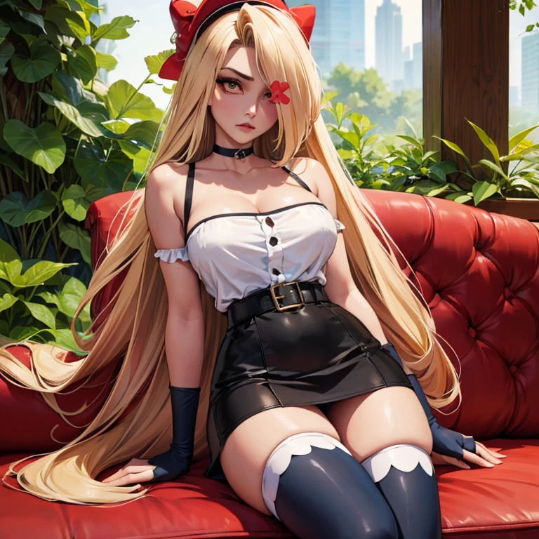 sitting on a sofa, spreading her legs,(masterpiece, best quality:1.4), absurdres, highres, ultra detailed, beautiful, (secretary), (perfect face, detailed face, beautiful:1.3),(natural breasts, cleavage), collarbone, fingerless gloves, gloves,spaghetti strap top, black pencil skirt, tight, over the knee skirt, hat, elegant secretary outfit, thighhighs, thick thighs, thighs, multiple belts, More detailed 8K.motor irreal:1.4,UHD,La mejor calidad:1.4, fotorrealista:1.4, textura de la piel:1.4, obra maestra:1.8,obra-prima, mejor calidad,objeto Objeto], (detailed face features:1.3),(manos detailed)