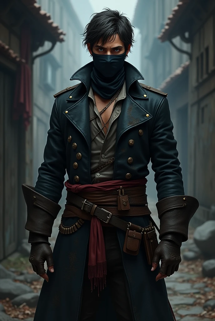 Create a dark themed 2d pirate with mask and short hair rpg theme