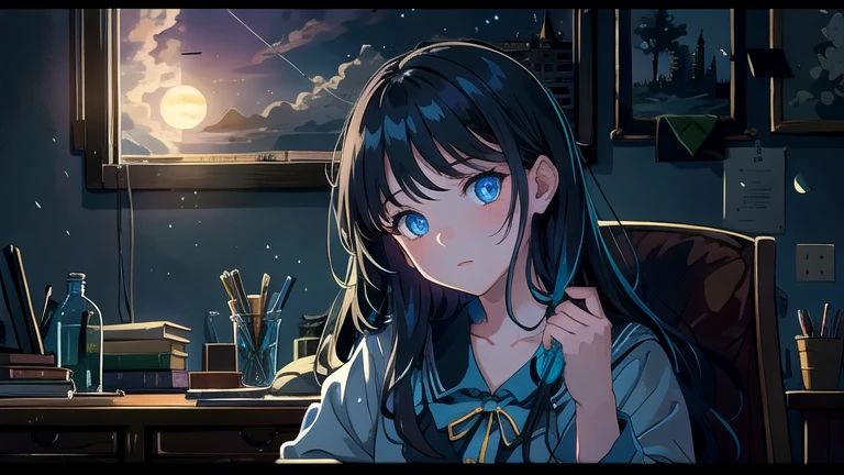 Create an illustration of a girl with black hair and blue eyes, sitting in a chair in front of a desk, Sentimental, Introspective look。, The moonlight gently shines into the room, Gently illuminate the space, Curtains sway in the wind, Increase tranquility, Dark mood, Emphasise the theme of loneliness, silence, And the depths of night, The room is dark、dimly lit by the moonlight