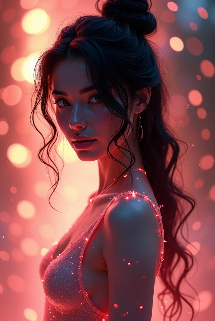 A luminous silhouette of a serene woman bathed in soft pink bioluminescence emerges from an intricate copper-toned backdrop, blending seamlessly into the surrounding darkness. The scene is shrouded in mystery, with luminescent highlights adding depth and texture to her ethereal form. In high-resolution detail (32K), precise brushstrokes evoke a surreal digital painting, replete with realistic textures, accurate color correction, and harmonious composition.A stunning 8K wallpaper! Here's your prompt: Vibrant Australian girl with multicoloured hair stands tall in a dynamic pose against a mesmerizing backdrop of colourful paint splashes on transparent glass. Her raw, hand-drawn style illustration features intricate details and subtle glow on her beautiful face and eyes. Against the caustic lighting, she radiates confidence and energy, set amidst a seamless 8K RAW background. Hinata, a breathtaking beauty with striking features, poses confidently in soft, golden lighting that highlights her white eyes and frames her black hair in a gentle glow. Crisp dimension showcases the intricate texture of her long locks and delicate curves of her transparent bodysuit. She stands out against a blurred studio backdrop, piercing blue eyes locking onto the viewer with direct intensity. Her luscious locks are tied up in an intricate updo hairstyle, showcasing her flawless complexion. Mega tits studio lighting casts a flattering glow on her chiseled features and statuesque figure, highlighting every curve of her flawless body. The overall effect is sultry and seductive.