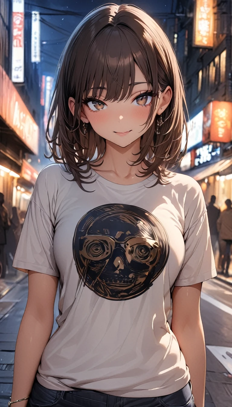 (Highest quality, High resolution, masterpiece :1.3), Beautiful woman, Slim figure, Dark brown hair, T-Shirts, (Night city street), Highly detailed face and skin texture, Detailed eyes, double eyelid
