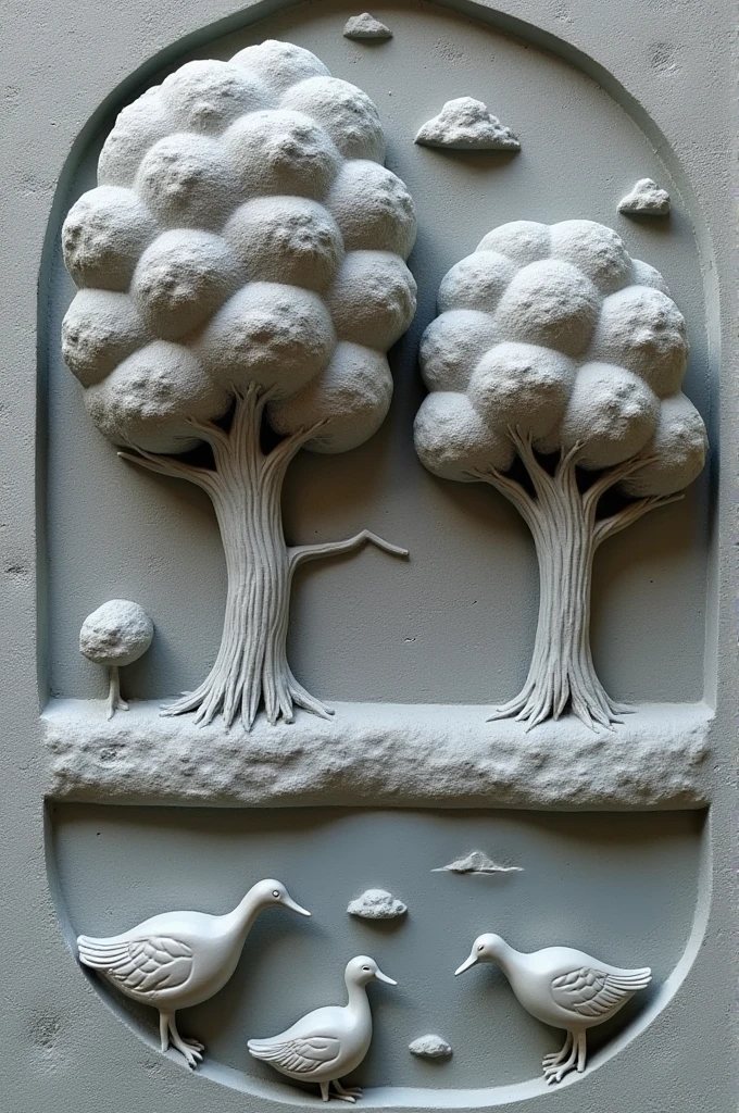 Sculpture en bas-relief en argile grise représentant un paysage avec deux arbres, et des biches 