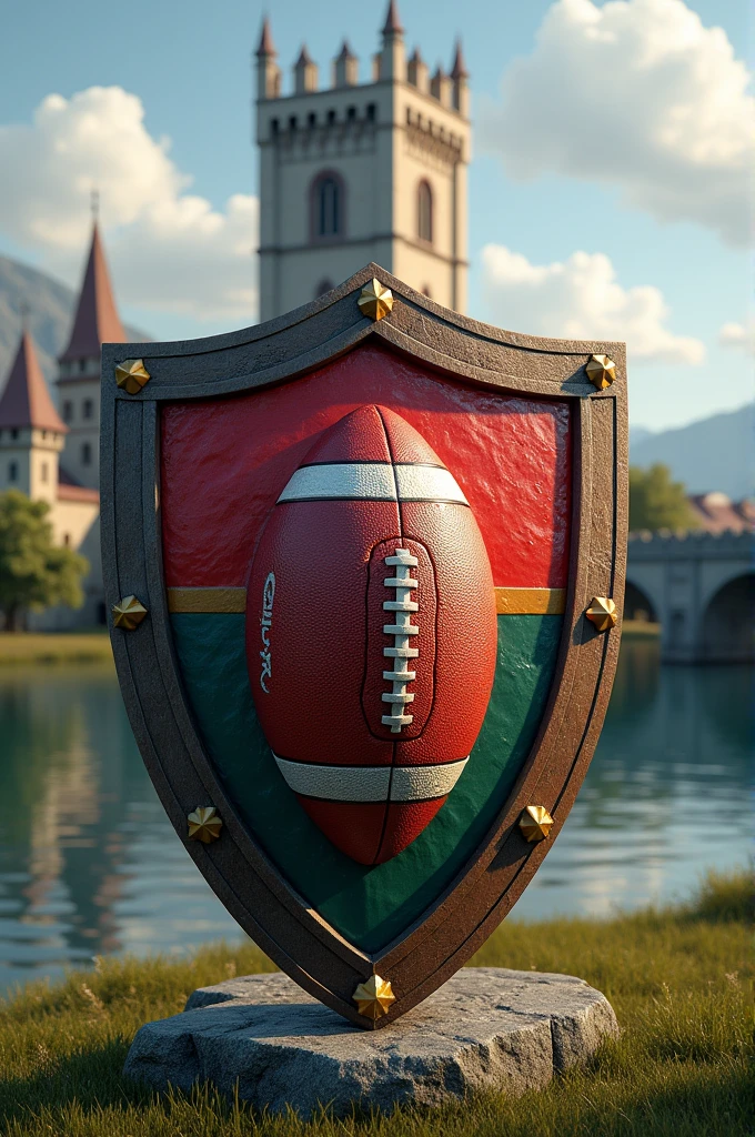 Football shield with a tower on a river