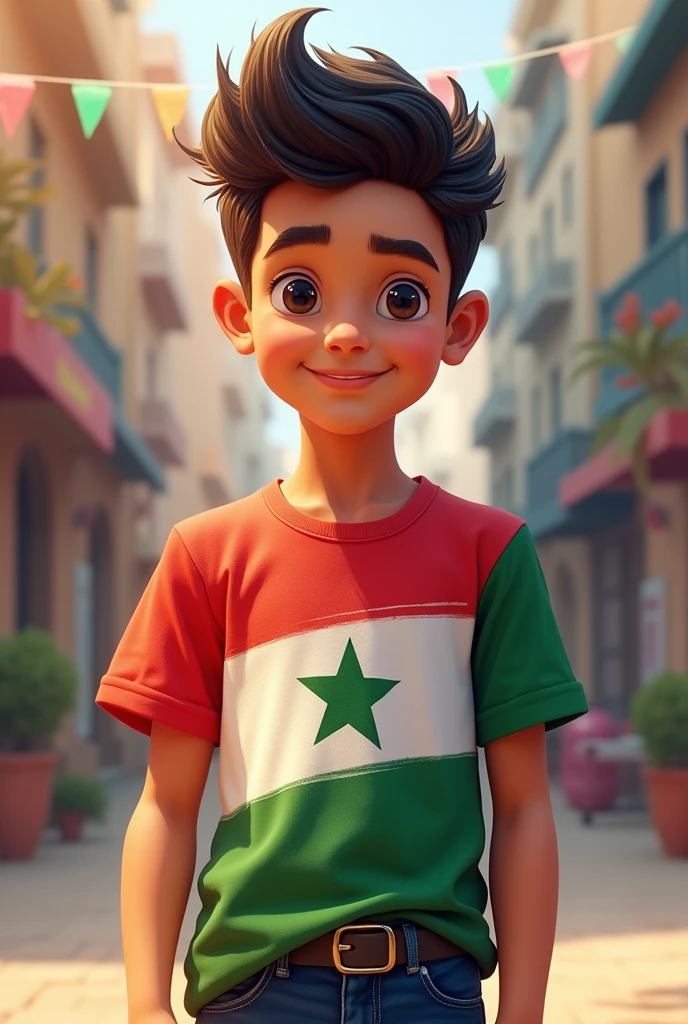 Create a full stylish and young boy in shirt 14august in name Sharjeel in stylish hair style