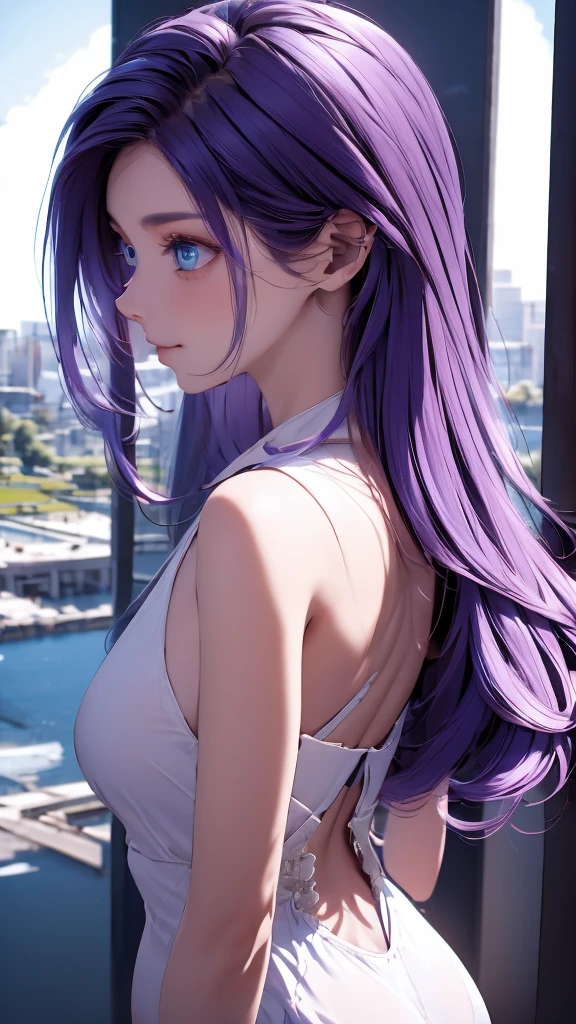 1 girl, medium light purple hair, light blue eyes, wearing black suit, city, absurdres, high res, ultrasharp, 8K, masterpiece, looking from behind
