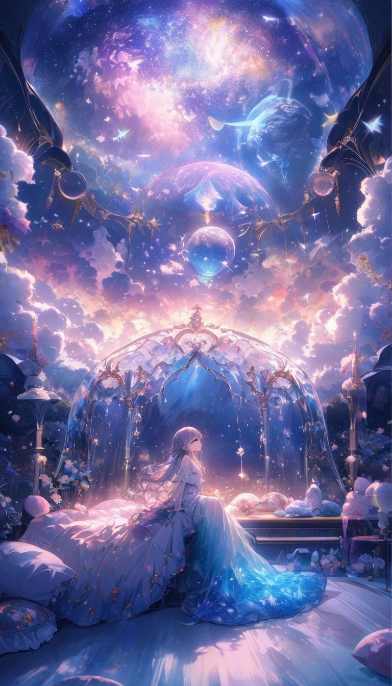 Arafed woman sleeping in a cloudy bed with stars and night sky, A dreamlike night, Great atmosphere, Great surrealism, Fantasy and dream atmosphere, lucid dreamの中で迷った, 目覚めるとlucid dreamが始まった, lucid dream, High quality astral projection rendering, As long as I can sleep, reality, Full of dreams, Inspired by Cyril Rolland, 8k dream atmosphere
