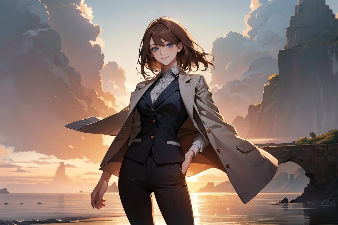 (Highest quality,High resolution,Very detailed),1 girl, Beautiful and elegant light blue eyes, Brown Hair, Cold Smile,Bob Hair, Jacket,skinny pants, Mature Woman, Age 26,Cruel smile, Calm and Calm, Slim figure, Pale complexion, thin, Calm,Small breasts, secretary,Seaside at dawn