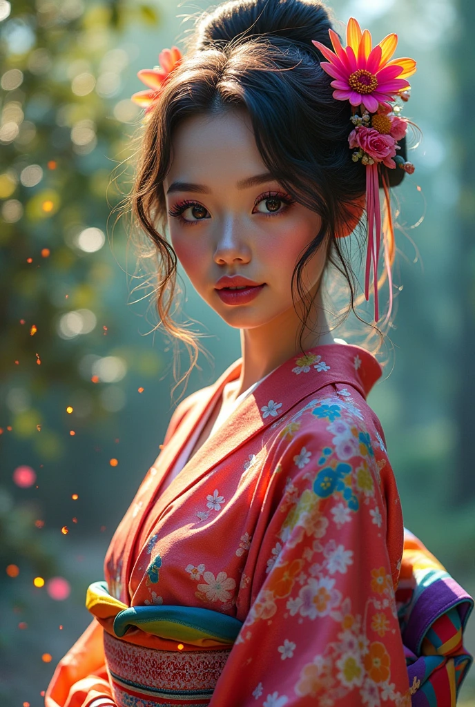 Vibrant kimono-clad beauty poses in front of a serene garden backdrop, with sharp focus on her stunning features. Her porcelain doll-like skin glistens under soft, natural lighting. Intricately detailed eyes sparkle like diamonds, framed by lush lashes and defined eyebrows. Plush lips curve into a subtle smile, as if holding secrets. Rainbow hues dance across the fabric of her kimono, casting a kaleidoscope of colors against the tranquil scene. A masterpiece of mesmerizing proportions: A vibrant Australian girl with multicoloured hair stands tall in a dynamic pose against a kaleidoscope backdrop of colourful paint splashes on transparent glass. Her raw, hand-drawn style illustration features intricately detailed eyes and face, radiating confidence and energy as she pierces the darkness with her gentle gaze. Translucent skin glows softly amidst caustic lighting, casting an ethereal aura around her. Neon hues illuminate delicate features, surrounded by particles floating like shimmering lights, creating a surreal atmosphere. A masterfully captured moment frozen in time, this 8K RAW illustration exudes captivating visual allure.
