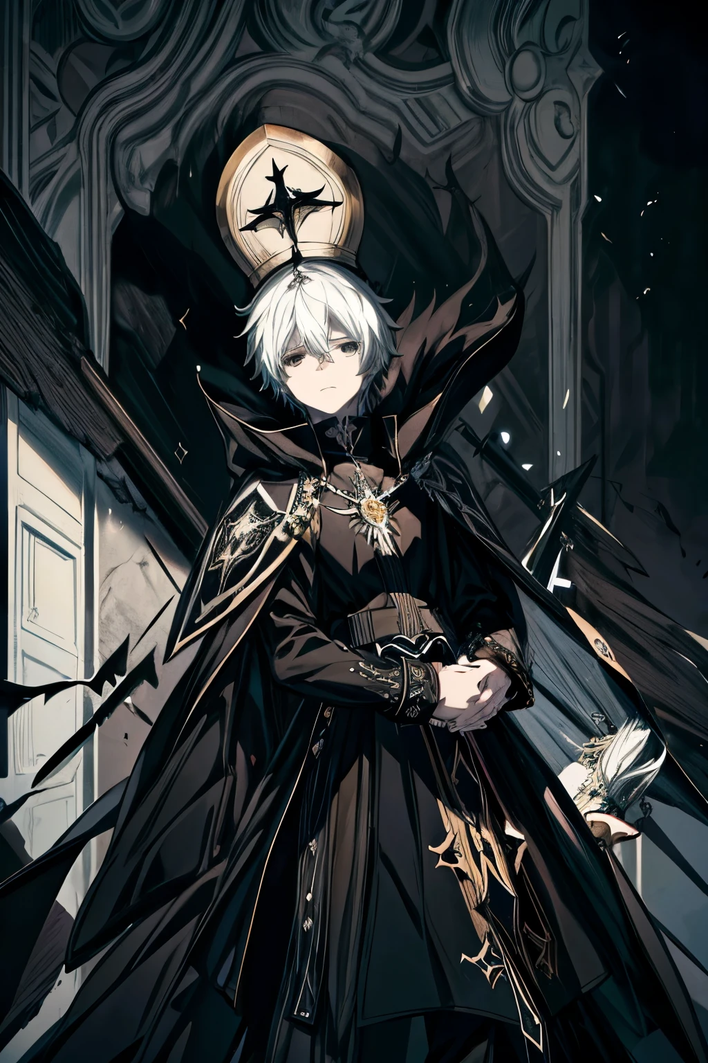 1 boy, detailed intricate portrait, anime style, adult, masterpiece, best quality, (black chaos star:1.2), priestly attire, white hair, black eyes, mitre, intricate details, dramatic lighting, cinematic composition, dark fantasy, chiaroscuro, dramatic shadows, dynamic pose