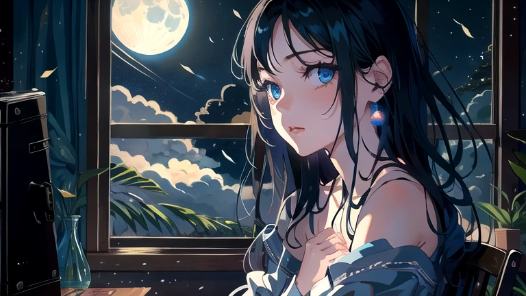 Create an illustration of a girl with black hair and blue eyes, sitting in a chair in front of a desk, Sentimental, Introspective look。, The moonlight gently shines into the room, Gently illuminate the space, Curtains sway in the wind, Increase tranquility, Dark mood, Emphasise the theme of loneliness, silence, And the depths of night, The room is dark、dimly lit by the moonlight