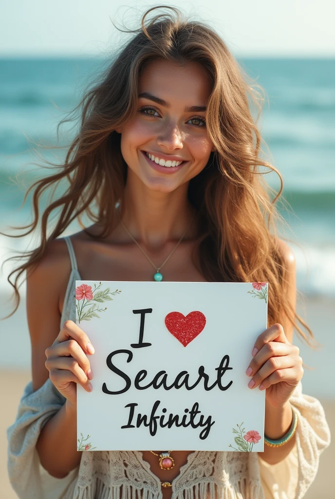 Beautiful girl with wavy long hair, bohemian dress, holding a white board with text "I Love Seaart Infinity" and showing it to the viewer